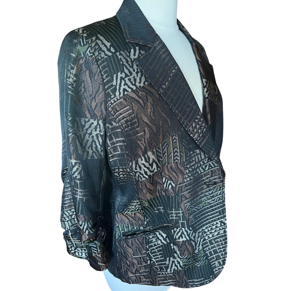 Chico's‎ Metallic Jacquard Patchwork Blazer Brown Green 3/4 Ruched Sleeve Size 2